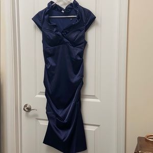 Gorgeous Navy Blue Satin Sinched Fitted Dress